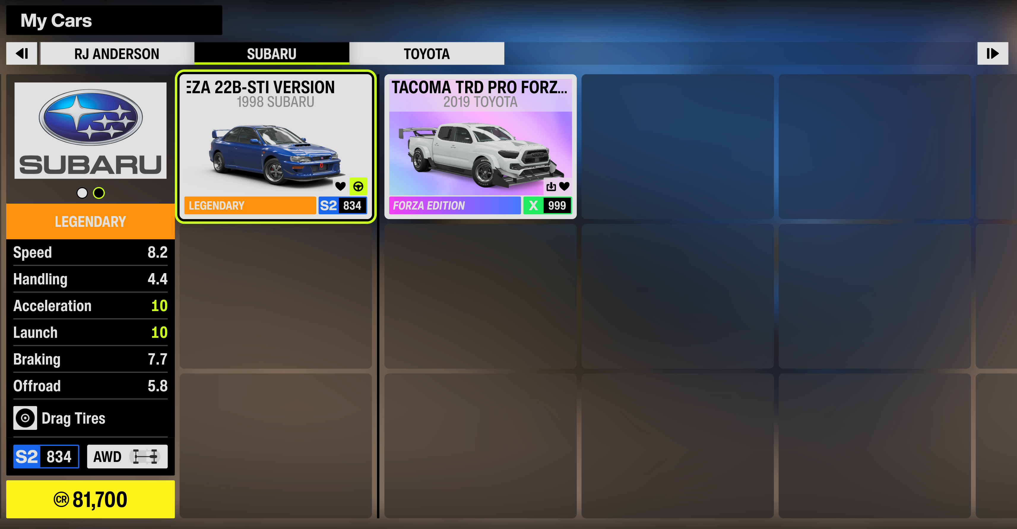 My Cars — a single favorited stock 22B-STI