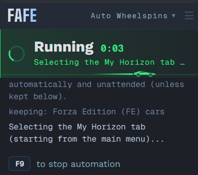 FAFE game overlay showing the selected function, status, recent log lines and F9 control hint