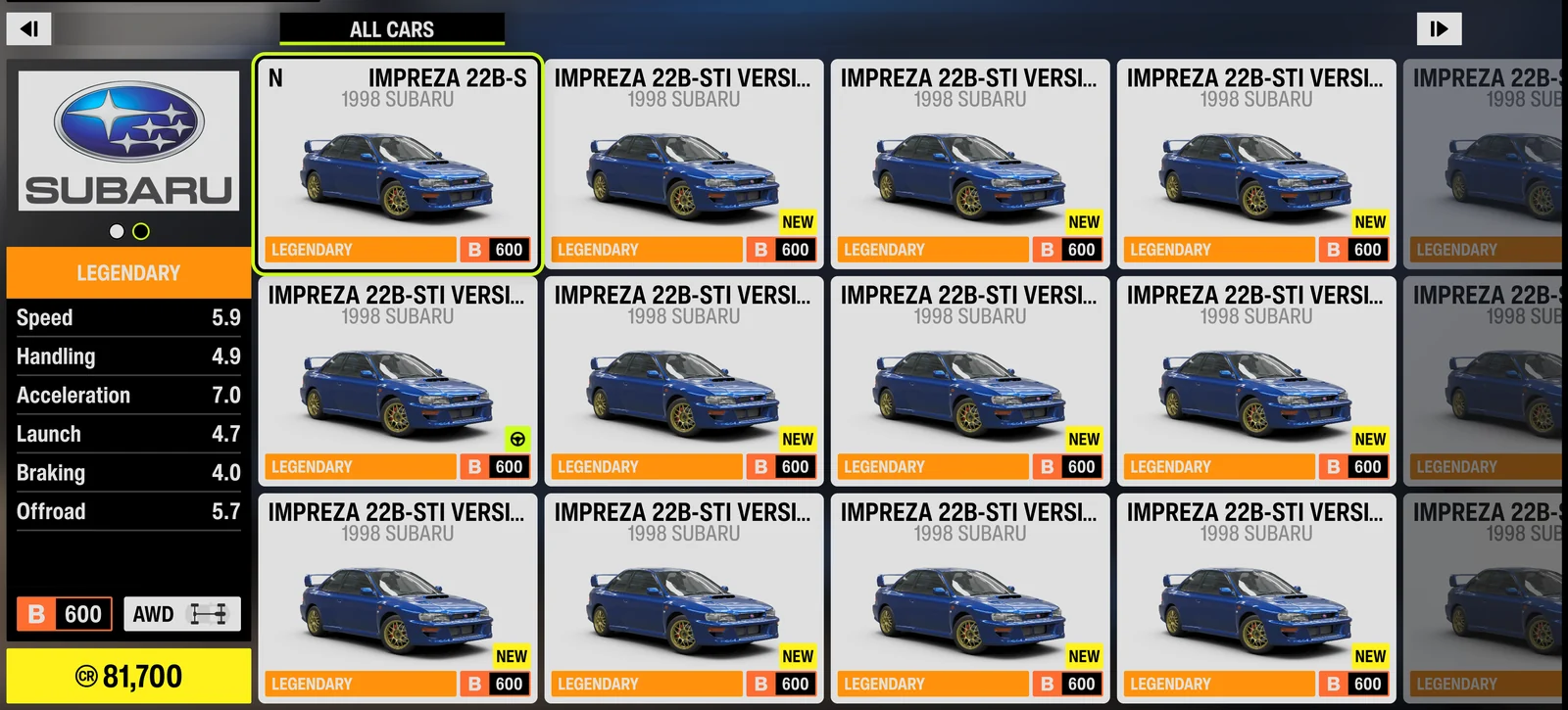 Forza Horizon 6 My Cars garage showing a contiguous range of compatible cars