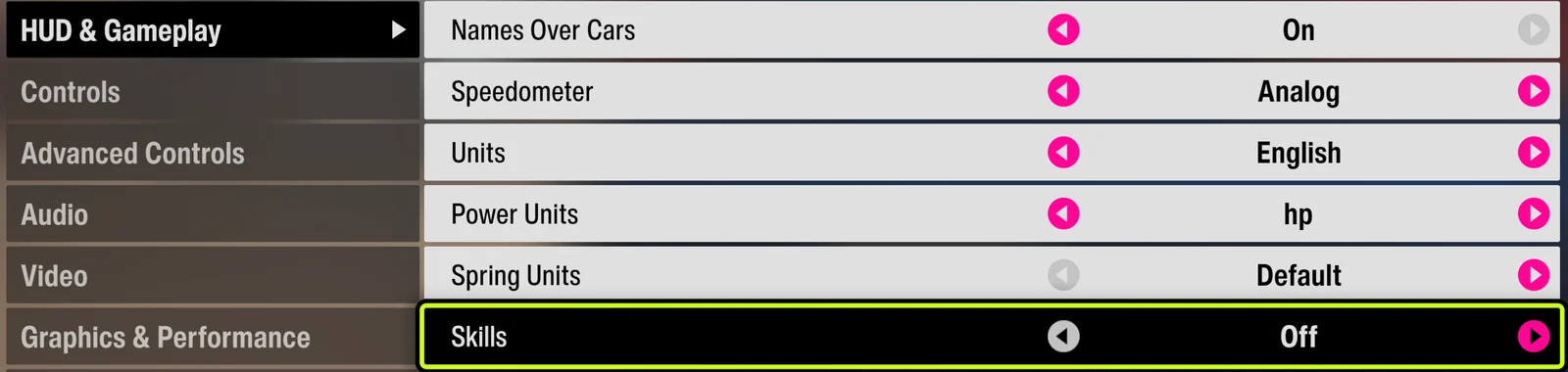 Forza Horizon 6 HUD and Gameplay settings with Skills set to Off