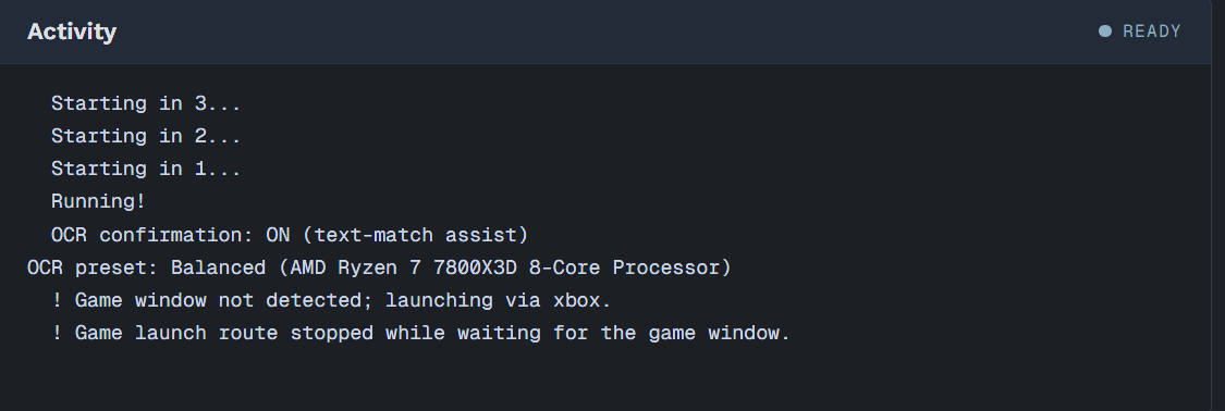 FAFE automation running with live log