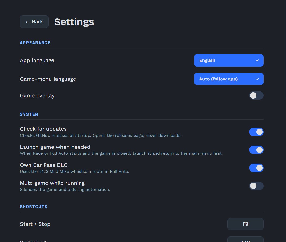FAFE settings window