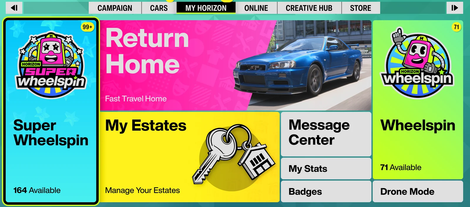 Forza Horizon 6 MY HORIZON menu with Super Wheelspin on the left and Wheelspin on the right