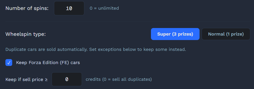 FAFE Auto Wheelspins settings for wheel type, keep conditions, and number of spins